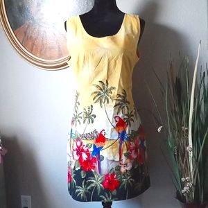 Vintage Evergreen Island Hawaiian Yellow Macaw Sleeveless A Line Dress. XL